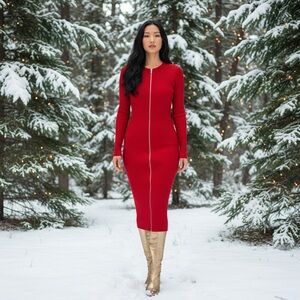 Red long sleeve ribbed knit exposed zipper Bodycon sweater dress